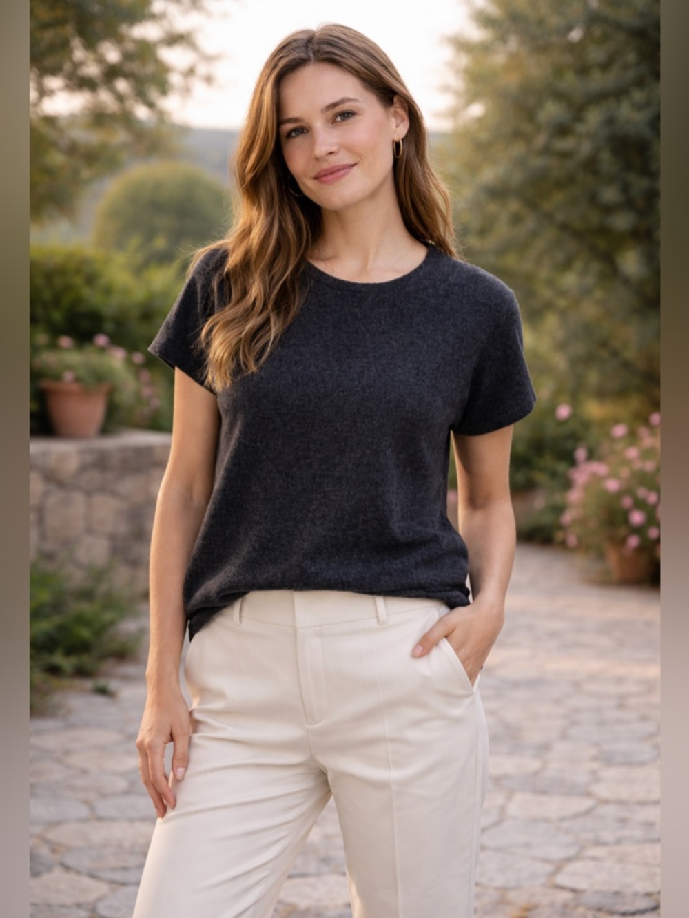 Womens lusso cashmere charcoal size L tee